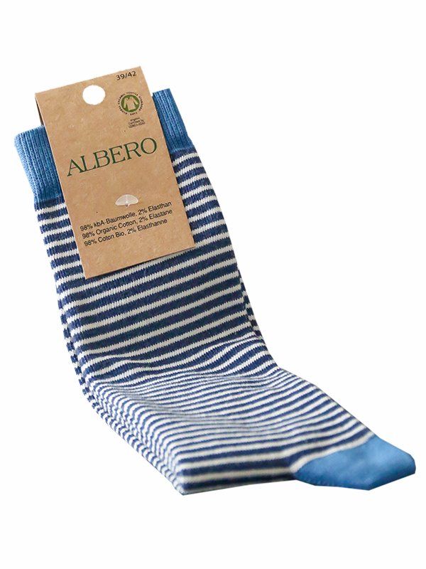 Albero Natur, Basic-Socken aus 98% Bio-Baumwolle u. 2% Elasthan, dunkelblau/natur/denim geringelt