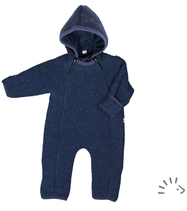 Popolini, Baby Overall aus Wollfleece mit Kapuze, dunkelblau